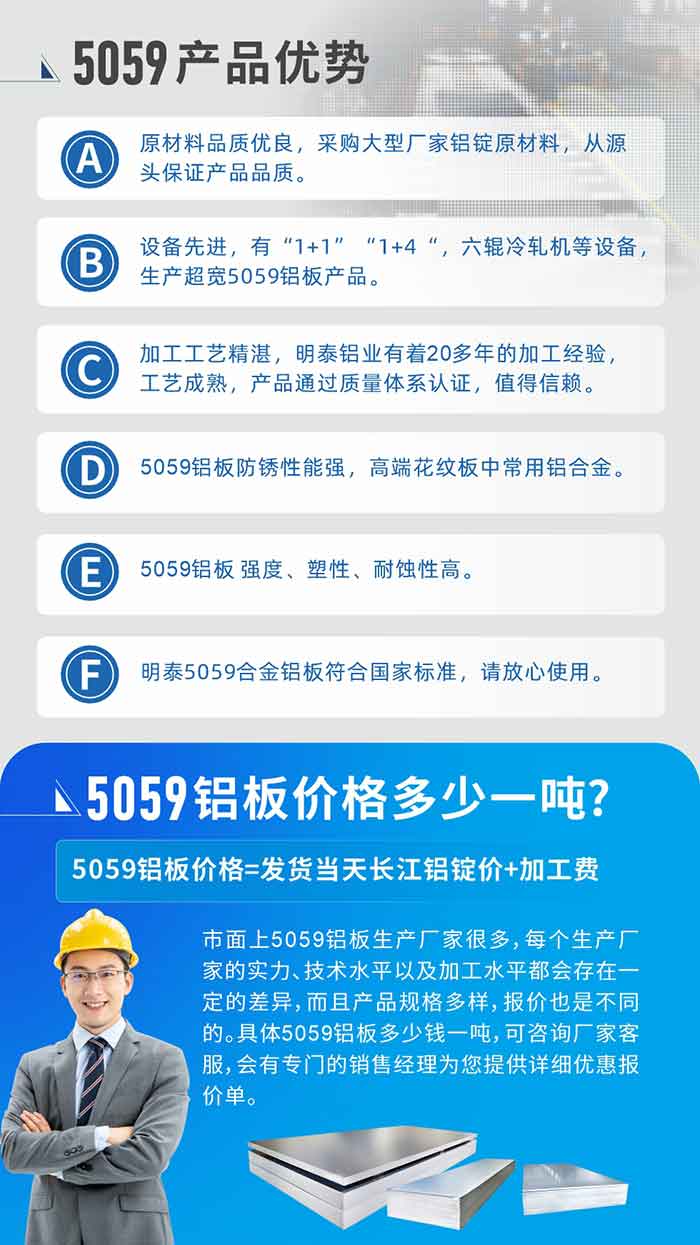 
　　5059铝板价格多少
　　市面上5059铝板生产厂家很多，每个生产厂家的实力、技术水平以及加工水平都会存在一定的差异，而且产品规格多样，报价也是不同的。具体5059铝板多少钱一吨，可咨询厂家客服，会有专门的销售经理为您提供详细优惠报价单。
　　long8官方网站铝业5059铝板厂家
　long8官方网站铝业是一家大型5059铝板生产厂家，生产1-8系铝板带箔产品。其中5059铝板是5系铝镁合金铝板，,耐腐蚀性能和抗拉强度都比较好，是一种综合性能优良的5系产品，广泛应用到船舶、罐车等领域，市场需求量不断上升。
　　long8官方网站铝业生产5059船用铝板、5059罐车铝板、5059中厚铝板、5059超宽铝板、5059合金铝板等。
　　long8官方网站铝业5059铝板厂家，引进的六辊冷轧机设备，生产超宽超厚的5059铝板产品，厂家直销，按需定制，5059铝板价格实惠。
　　想要快速了解更多产品详情和优惠报价，可点击在线咨询，或拨打电话：0371-67898708我们有专门的人员随时为您详细解答疑惑！