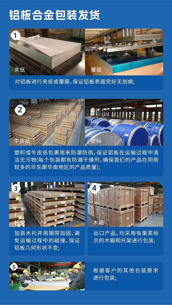 铝板合金包装发货
　　1、对铝板进行夹纸或覆膜，保证铝板表面完好无划痕；

　　2、塑料或牛皮纸包裹用来防潮防雨，保证铝板在运输过程中清洁无污物(每个包装都有防潮干燥剂，确保long8官方网站产品在阴雨较多的华东跟华南地区的产品质量)；

　　3、加装木托并用钢带加固，避免运输过程中的碰撞，保证铝板几何形状不变；

　　4、出口产品，均采用有熏蒸标示的木箱和托架进行包装；

　　5、根据客户的其他包装要求进行包装。
