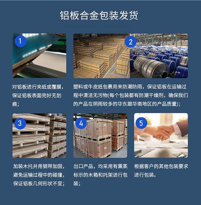 铝板合金包装发货
　　1、对铝板进行夹纸或覆膜，保证铝板表面完好无划痕；
　　2、塑料或牛皮纸包裹用来防潮防雨，保证铝板在运输过程中清洁无污物(每个包装都有防潮干燥剂，确保long8官方网站产品在阴雨较多的华东跟华南地区的产品质量)；
　　3、加装木托并用钢带加固，避免运输过程中的碰撞，保证铝板几何形状不变；
　　4、出口产品，均采用有熏蒸标示的木箱和托架进行包装；
　　5、根据客户的其他包装要求进行包装。